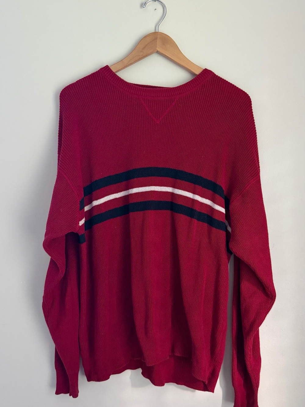 Eddie Bauer Red Crewneck Sweater with Navy and White Stripes